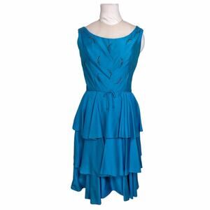 MIRA ORIGINALS 60s Vintage Party Dress Approx Size 6 Teal Beads Peplum Ruffle